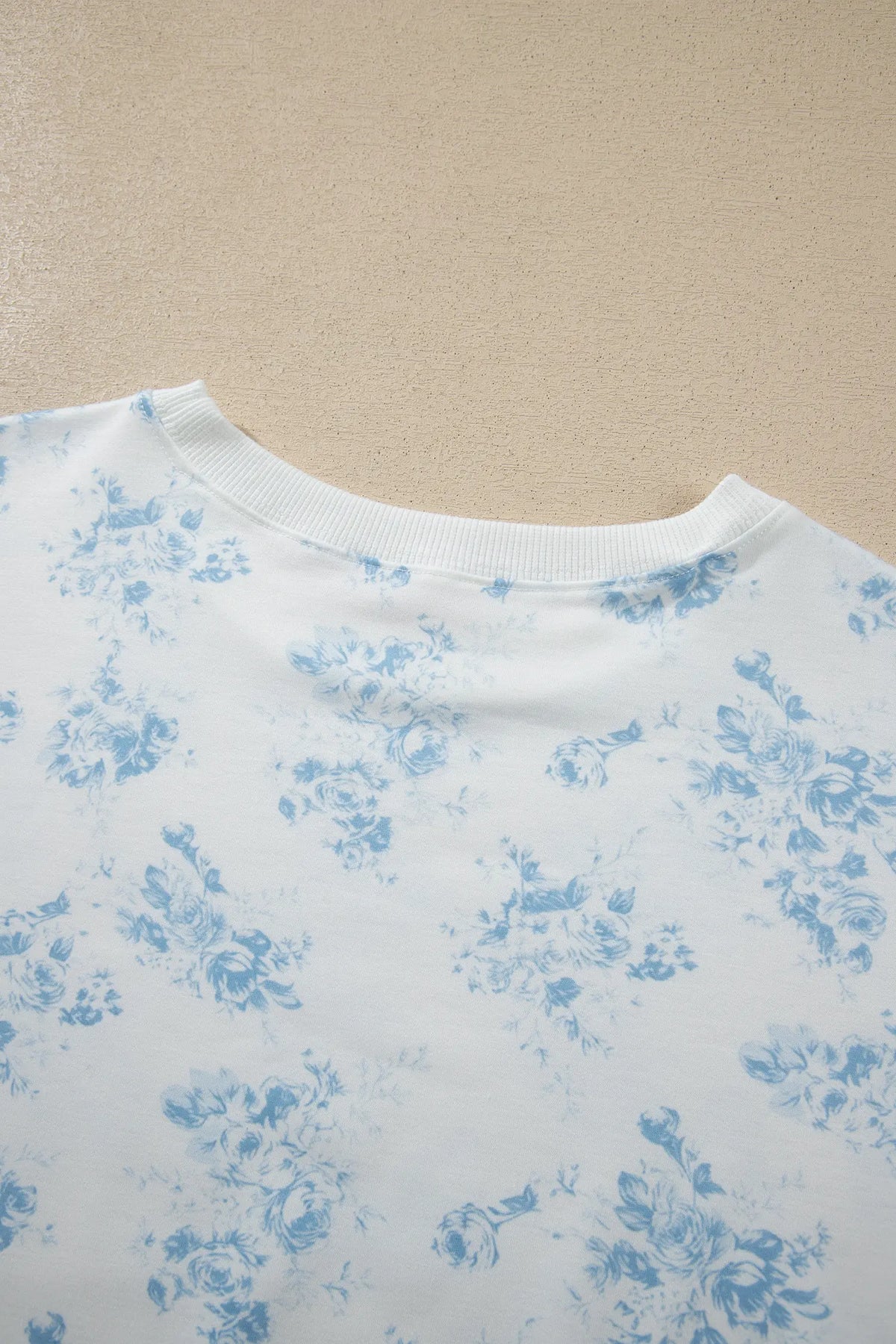Sky Blue Floral Print Striped Detail Long Sleeve Top Ruffle Hem Shorts 2pcs Set – Light Blue