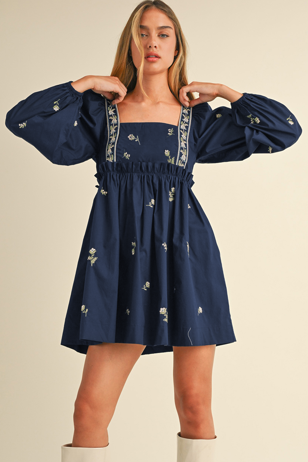 Blue Floral Embroidered Square Neck Puff Sleeve Ruffled Mini Dress eAura