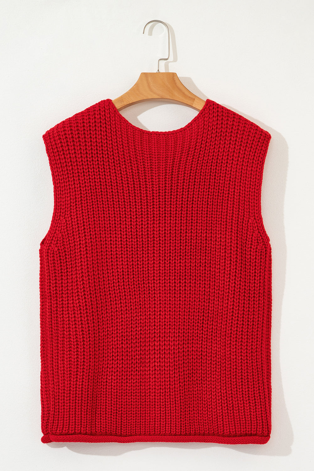 Fiery Red Solid Textured Knit Side Pockets Buttoned Sweater Vest eAura