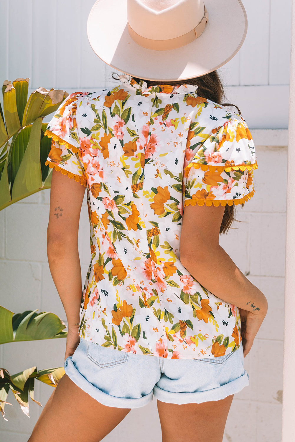 Russet Orange Ruffled V Neck Scalloped Short Sleeve Floral Blouse eAura