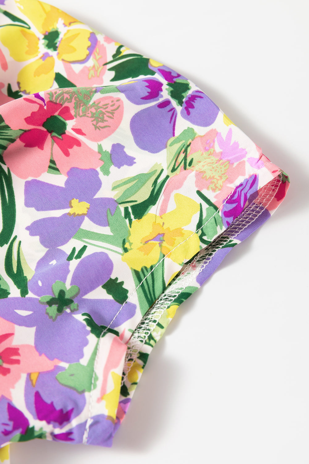 Purple Floral Print Puff Short Sleeve Crew Neck Blouse eAura