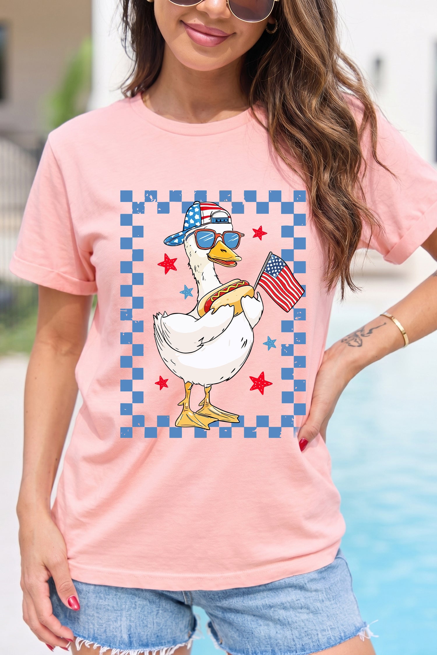 America Goose 4th Of July Patriotic Flag Graphic T Shirt – Pink