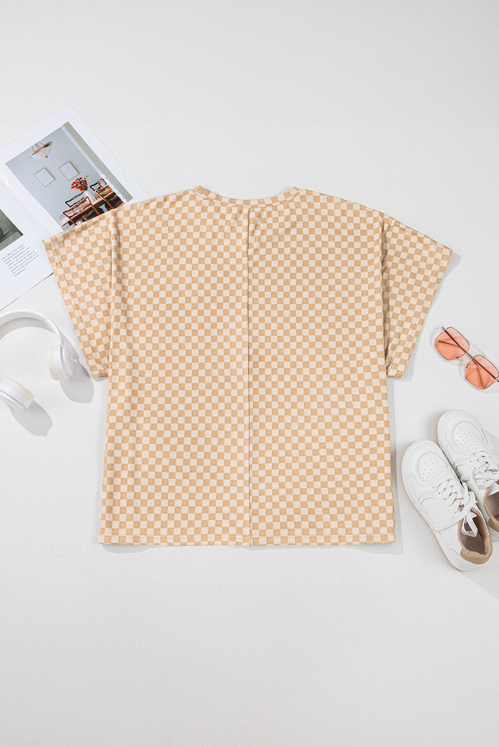 Khaki Checkerboard Short Batwing Sleeve Round Neck Plus Size T Shirt BB Fashion Outlet