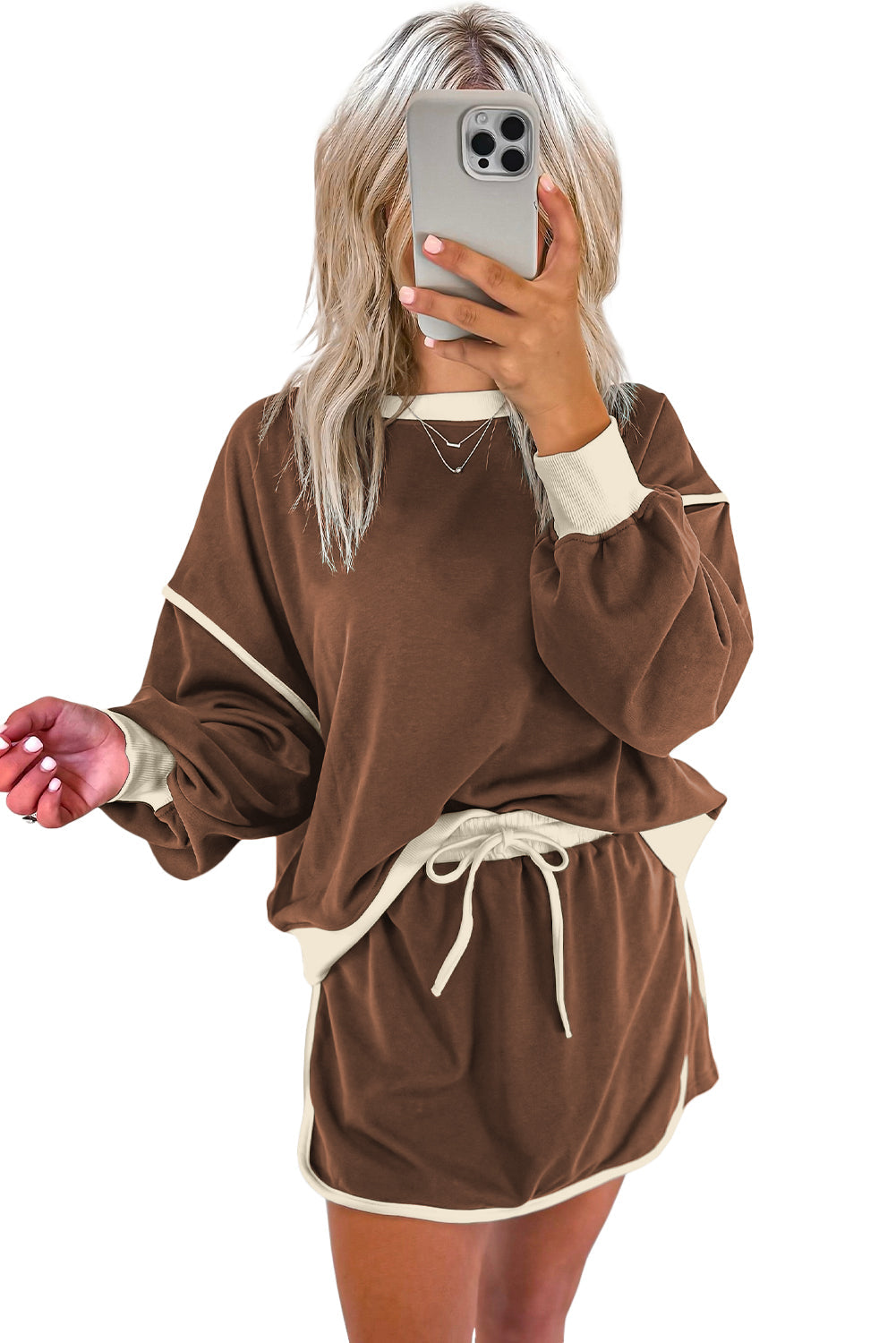 Coffee Colour Contrast Loose Pullover and Lace-up Waist Skort Set eAura