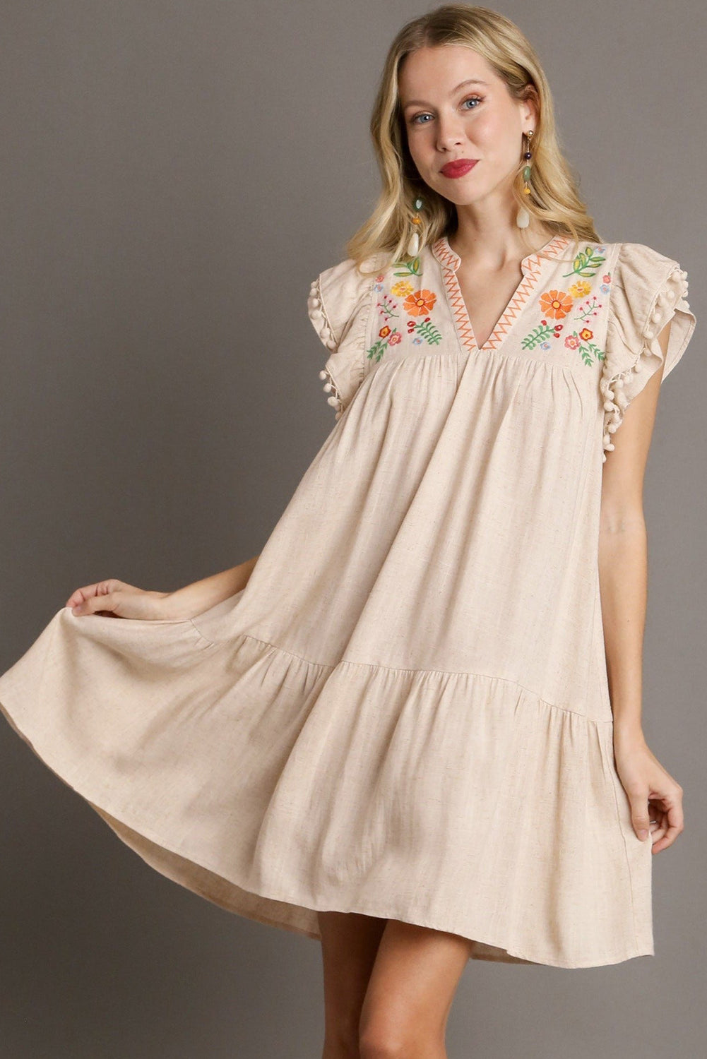 Jet Stream Linen Embroidery Split Neck Pom Pom Ruffle Sleeves Flowy Short Dress eAura
