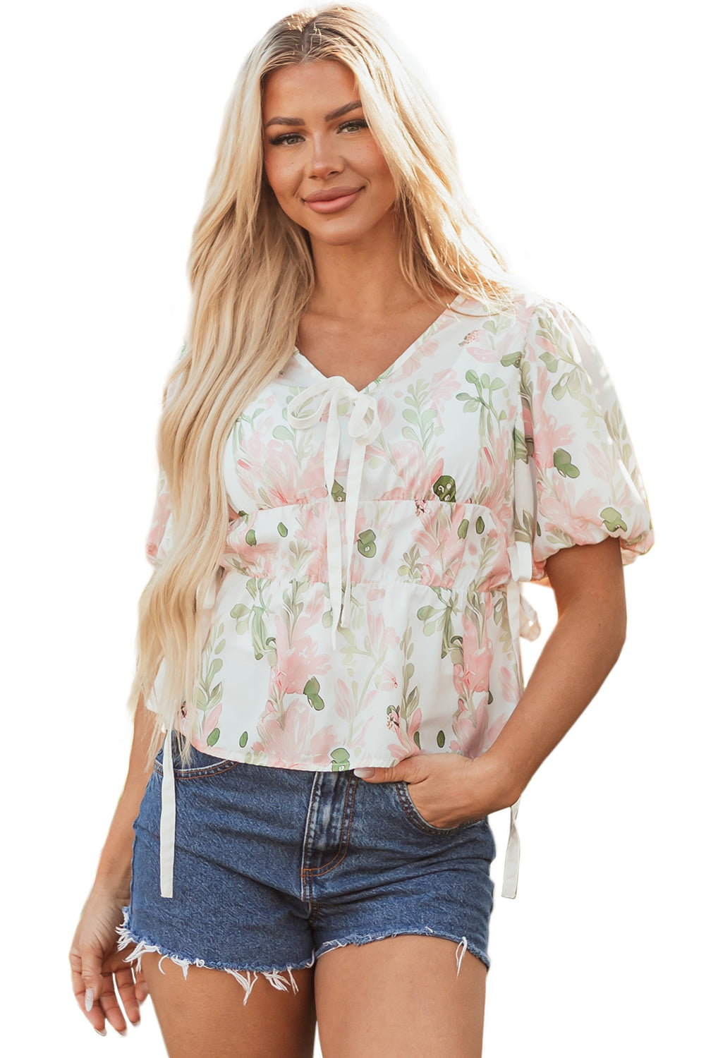 Pink Floral Puff Sleeve V Neck Tied Front Peplum Blouse eAura