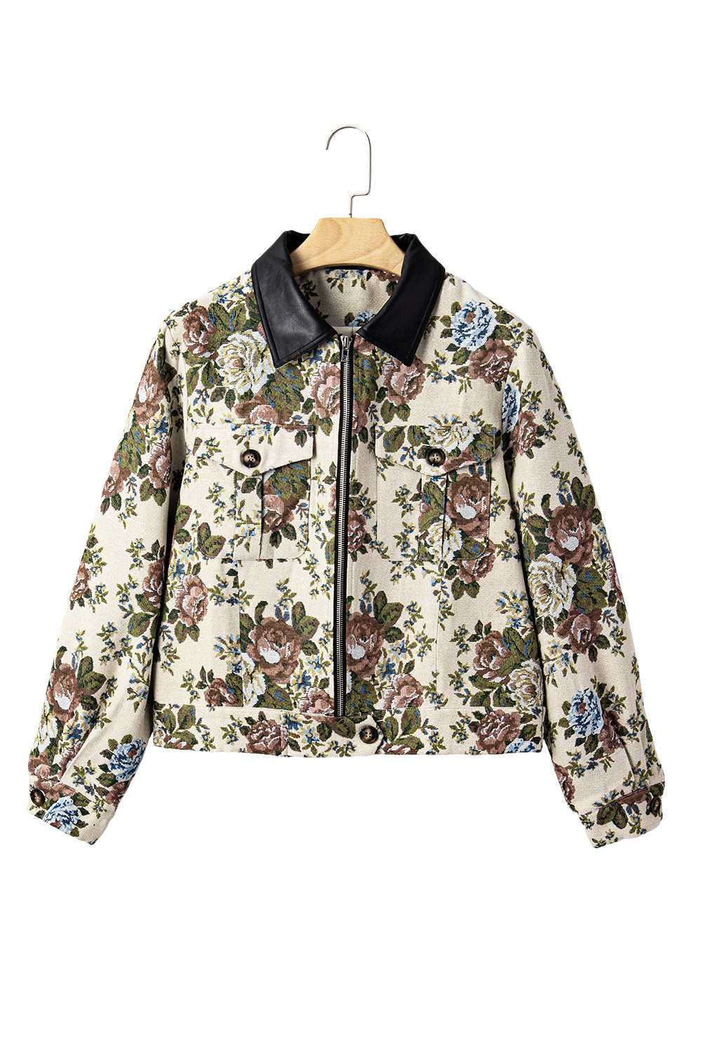 Khaki Floral Print Zip Up Contrast Collared Jacket - eAura