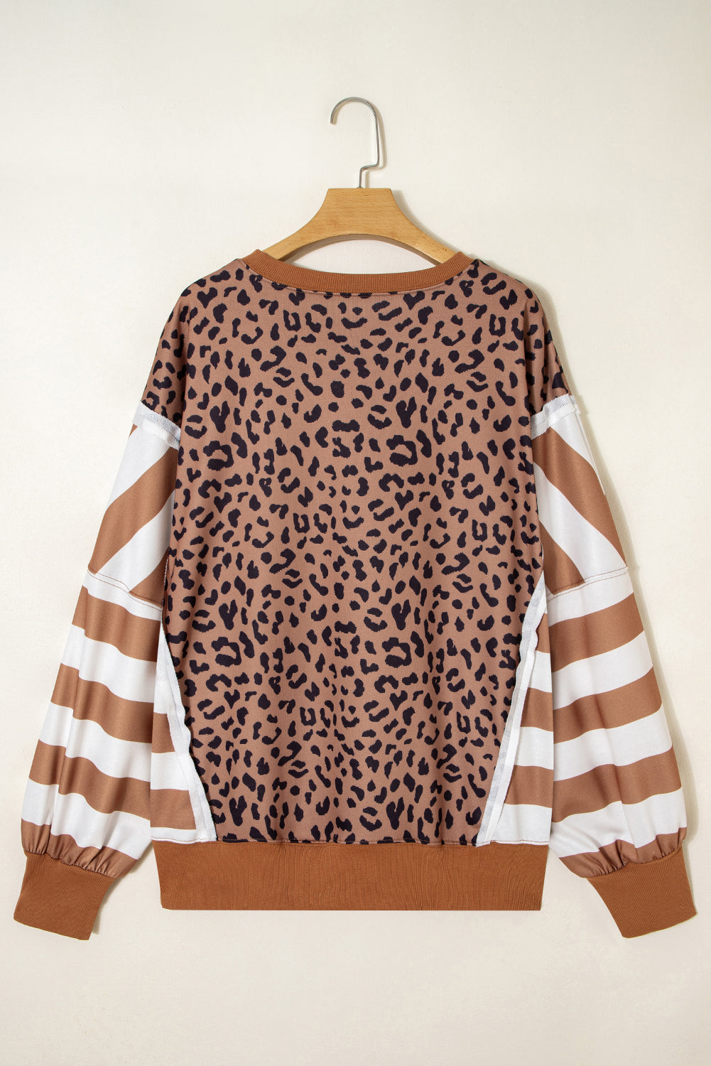 Brown Leopard Striped Patchwork Plus Size Loose Sweatshirt - eAura