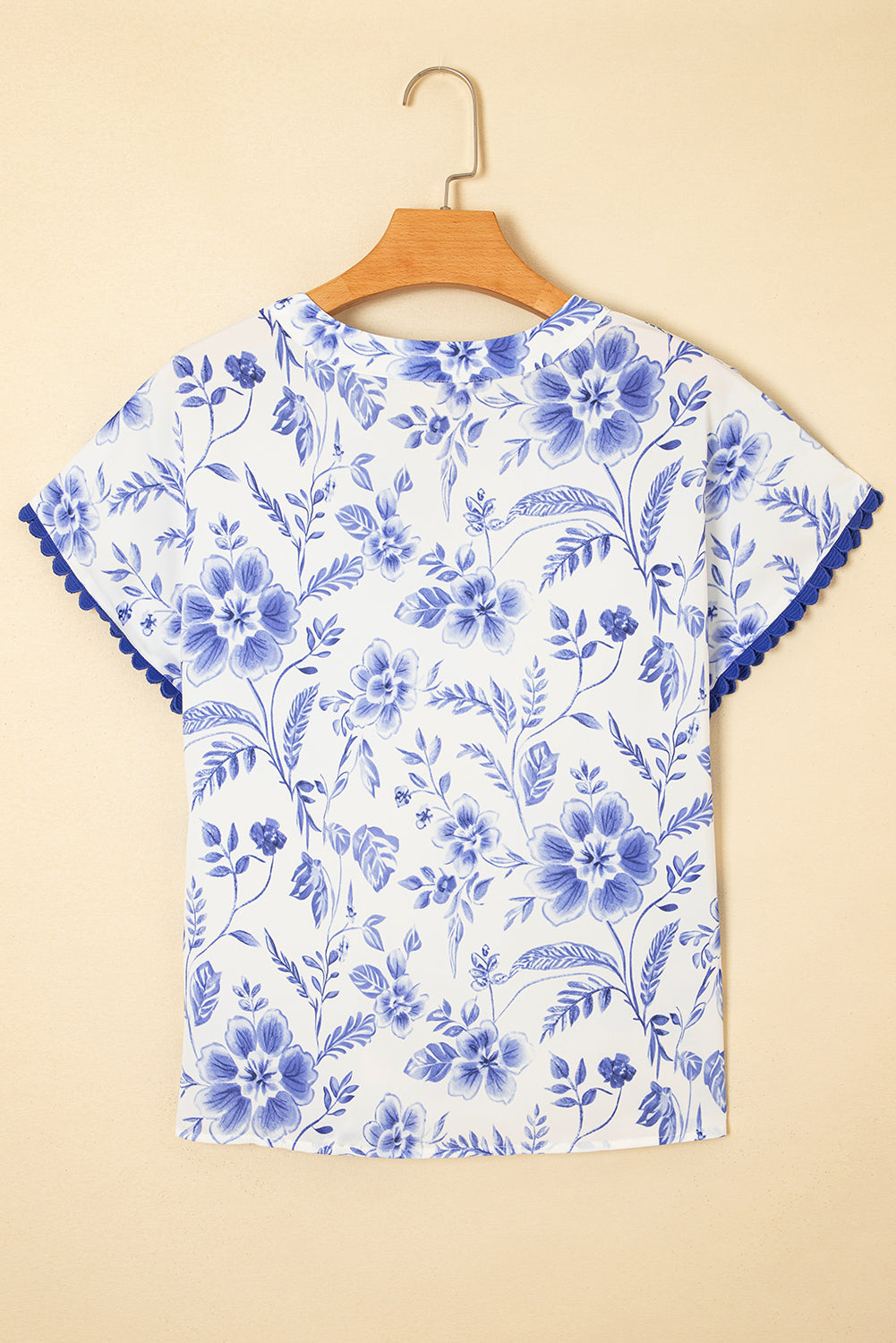 Blue Elegant Floral Print Ricrac Trim Short Sleeve Blouse eAura