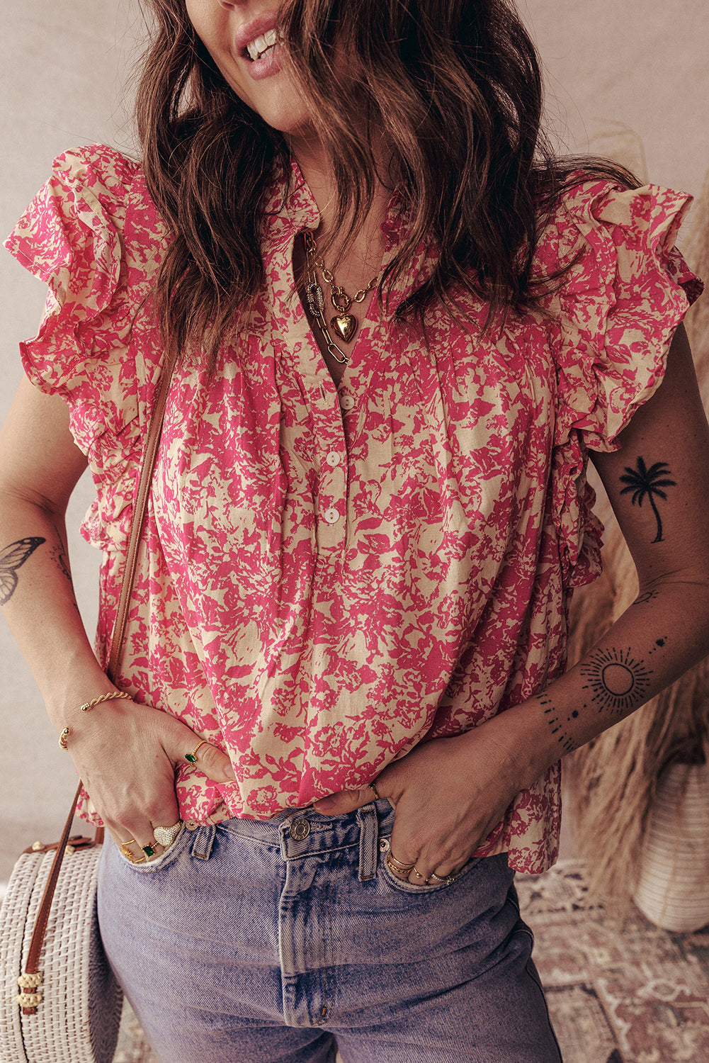 Rose Allover Print Half Button Neck Ruffle Sleeve Blouse eAura
