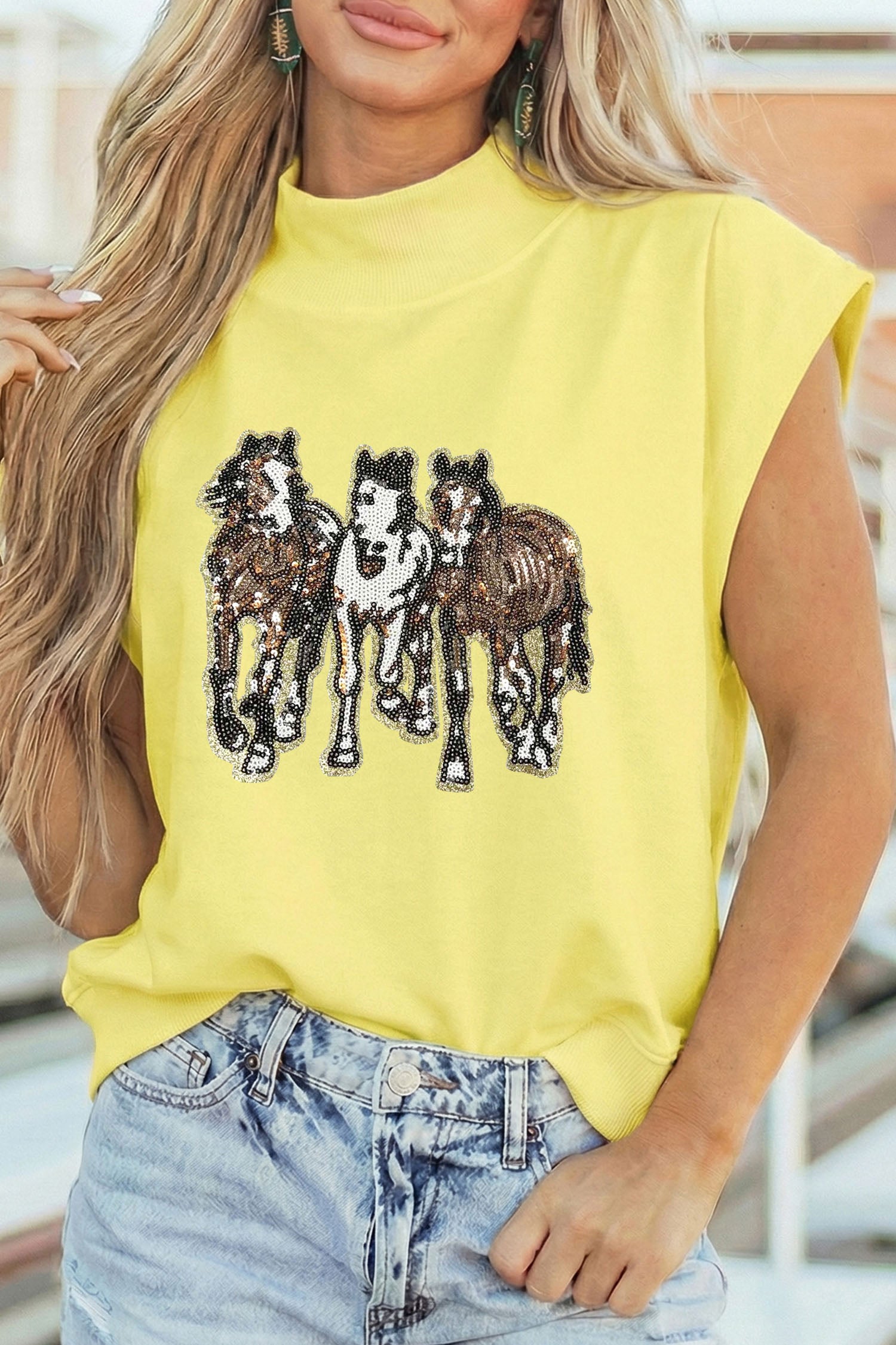High Neck Sequin Horse Cap Sleeve Tunic Top – Yellow
