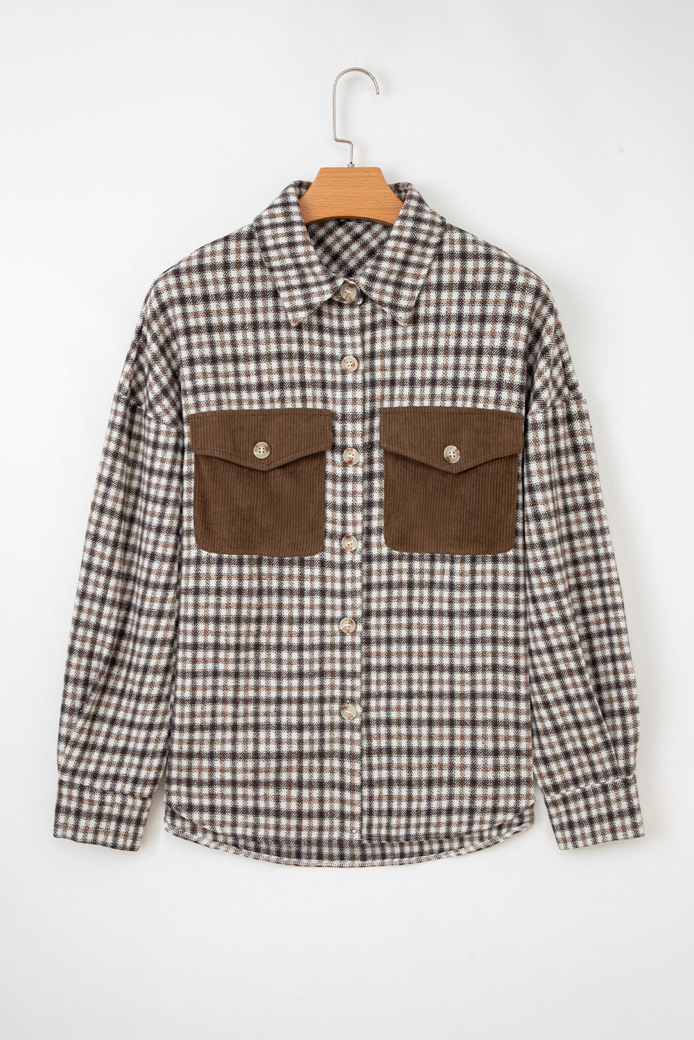 Casual Contrast Soft Corduroy Patchwork Plaid Shacket - eAura