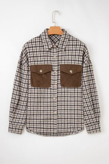 Casual Contrast Soft Corduroy Patchwork Plaid Shacket - eAura