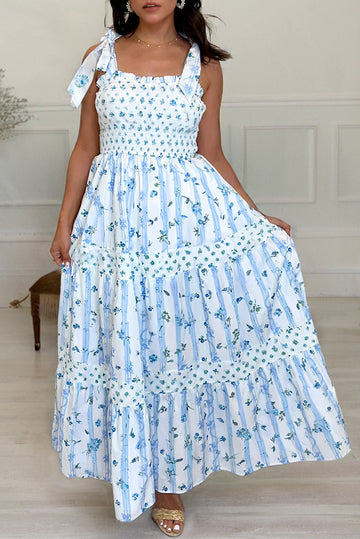Sky Blue Floral Smocked Tied Straps A-Lined Tiered Maxi Dress eAura