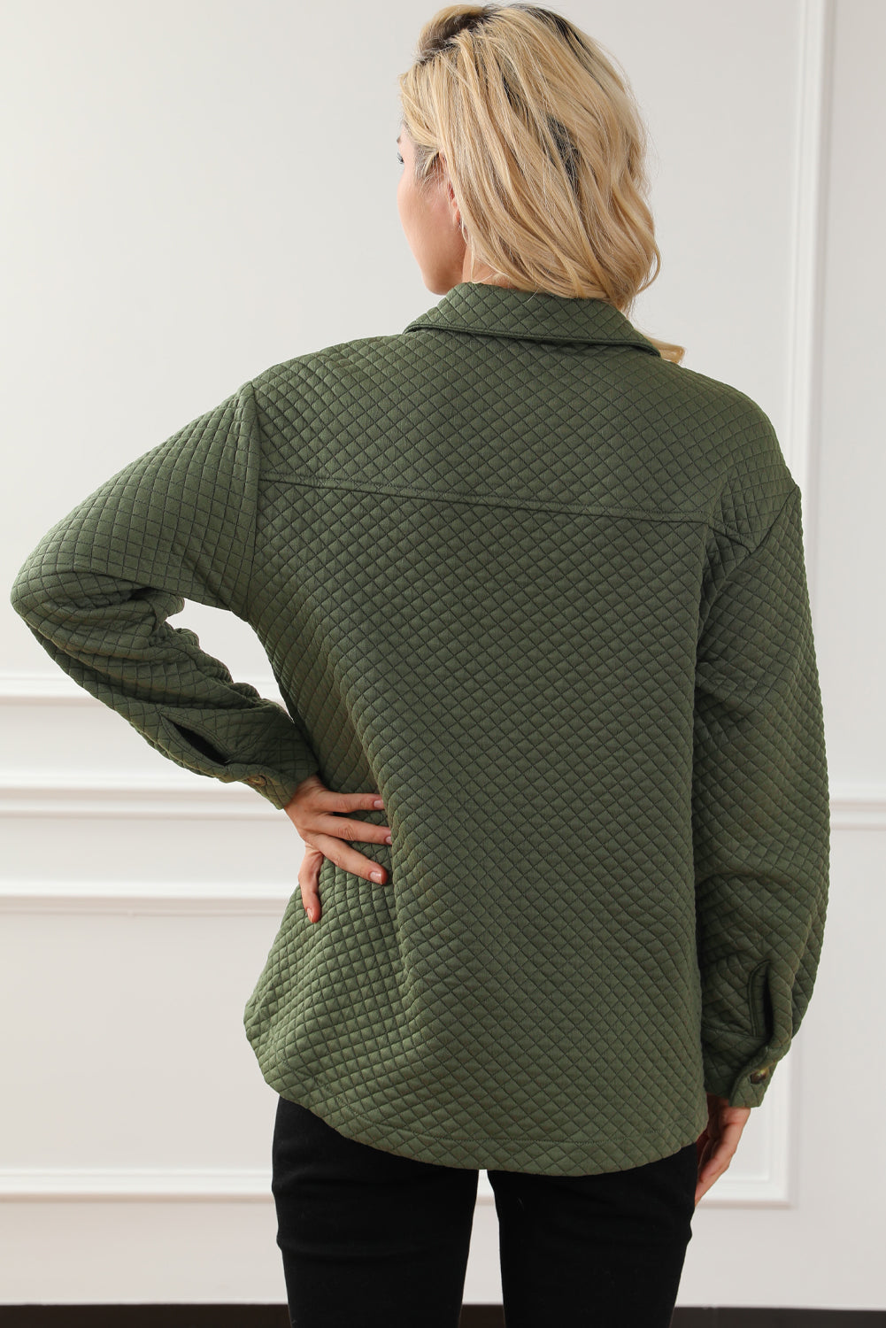 Green Retro Quilted Flap Pocket Button Shacket Beagle Boutique Fashion Outlet