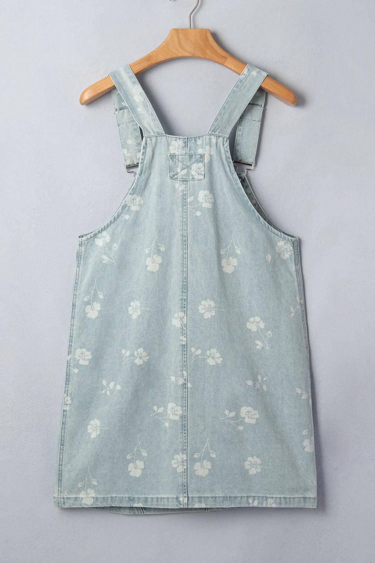 Sky Blue Retro Wash Denim Floral Print Overall Mini Dress – Light Blue