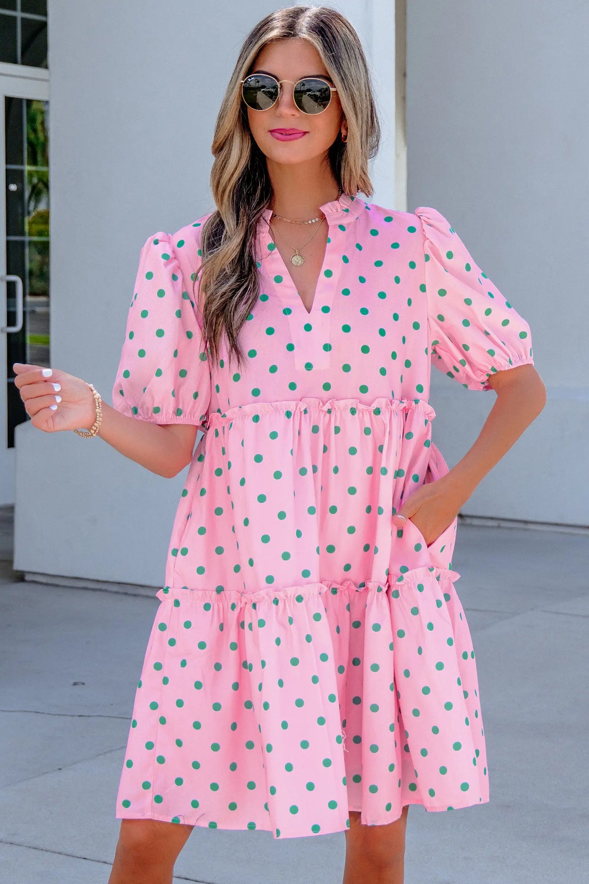 Polka Dot Print V Neck Short Sleeve Tiered Mini Dress – Pink