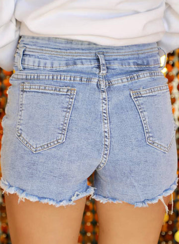 Beau Blue Rhinestone Light Wash Raw Hem High Waist Denim Shorts eAura