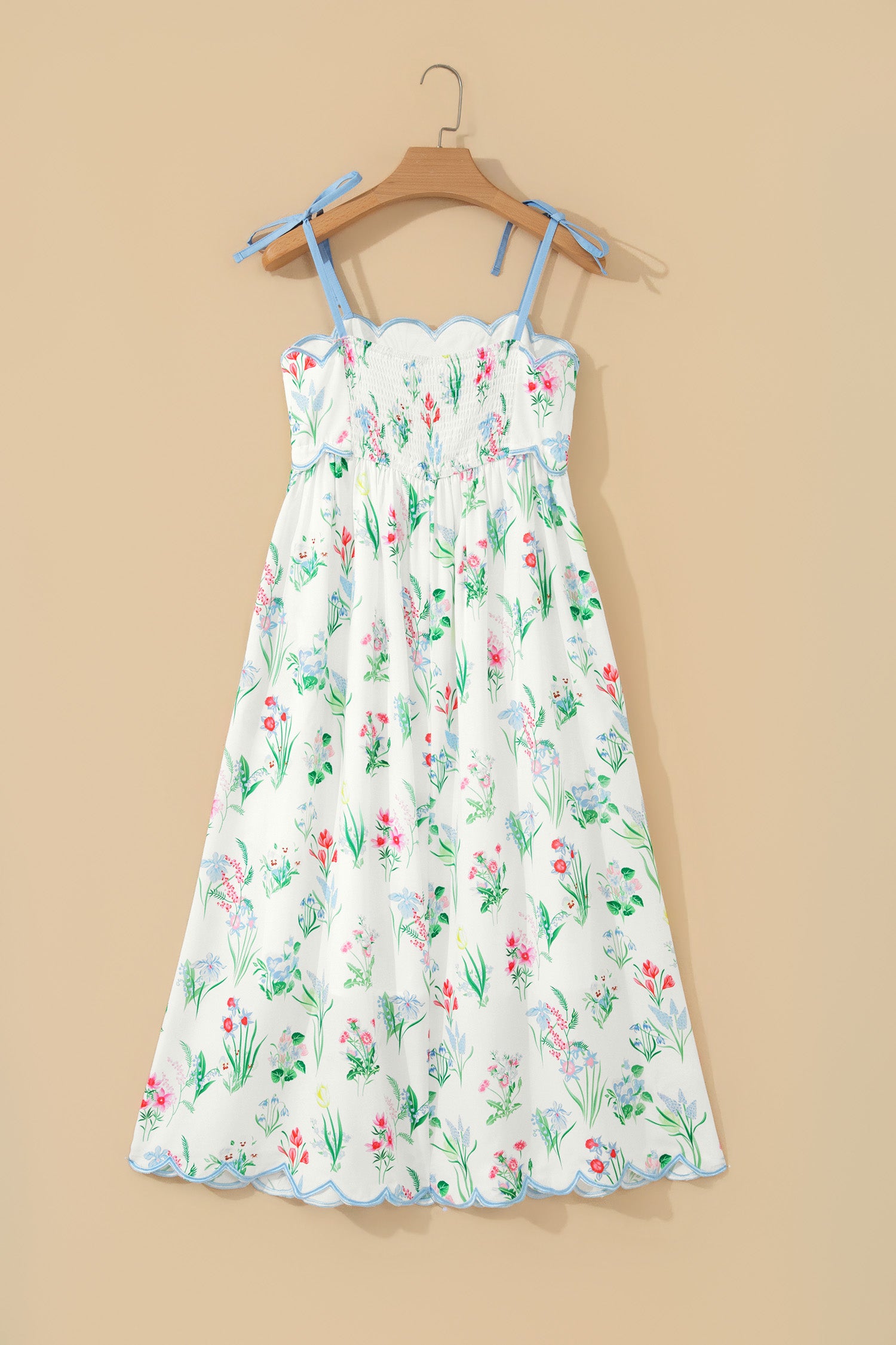 Floral Print Contrast Trim Self-Tie Straps Midi Dress
