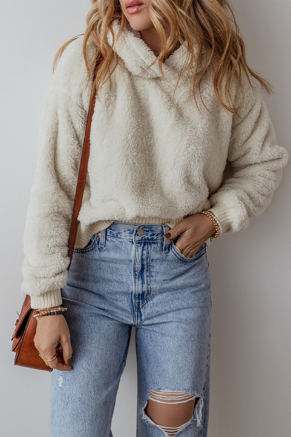 White Contrast Ribbed Edge Plush Hoodie eAura