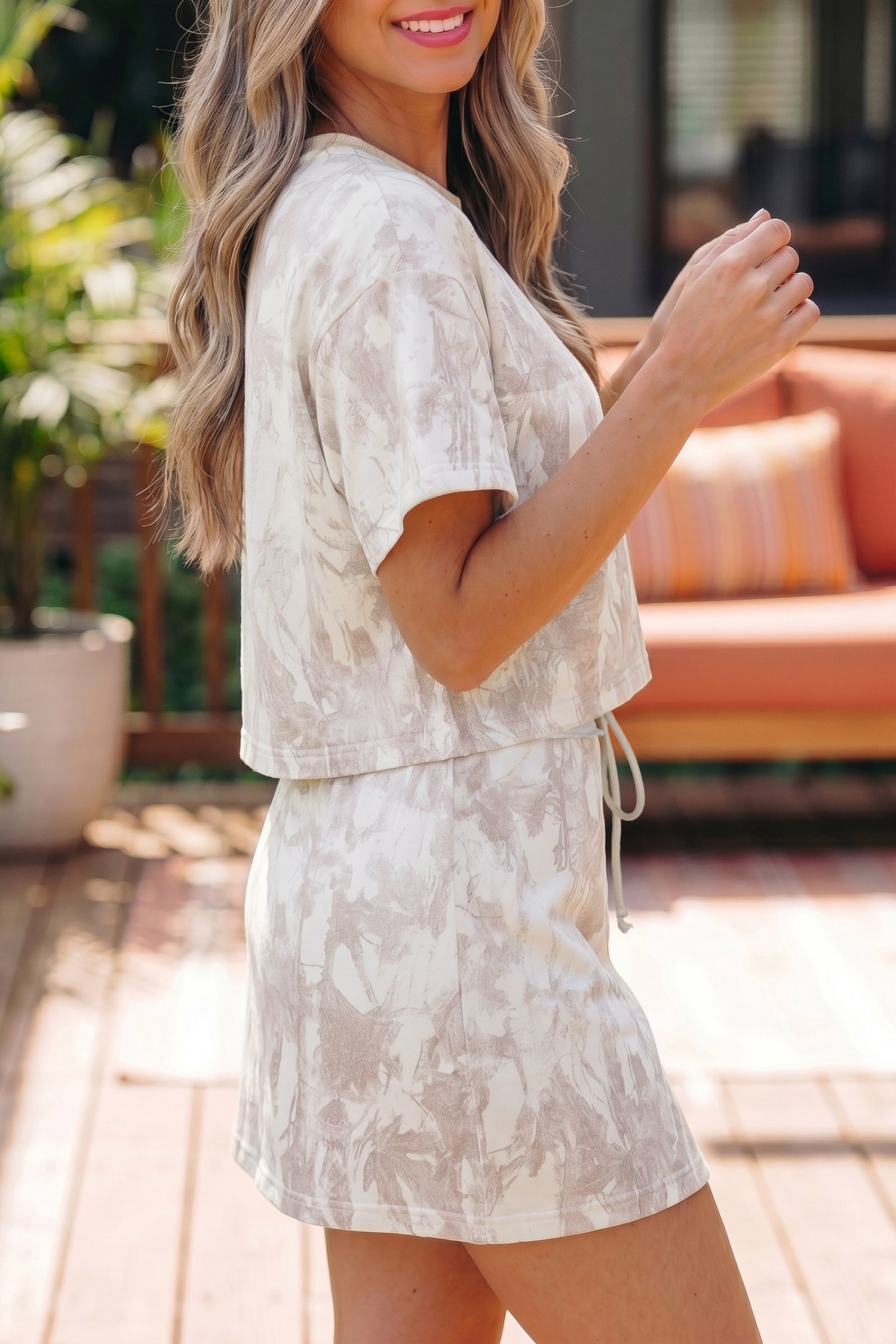 Gray Woodland Camo Print Raw Edge Cropped Top & Skirt Set