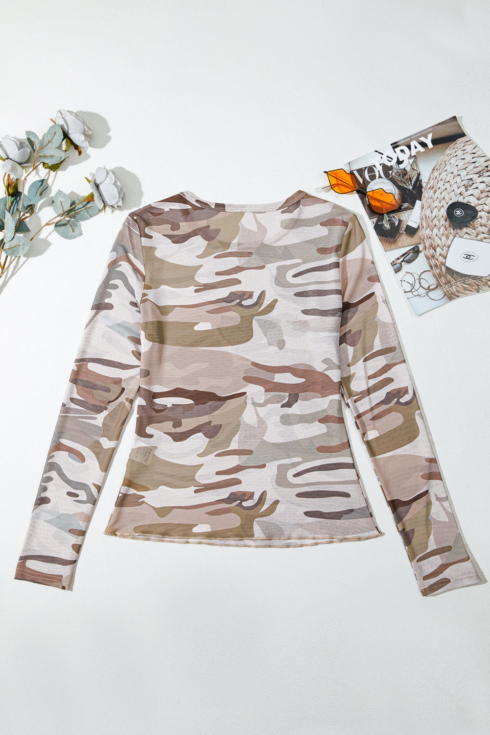 Camouflage Print Mesh Long Sleeve Top eAura