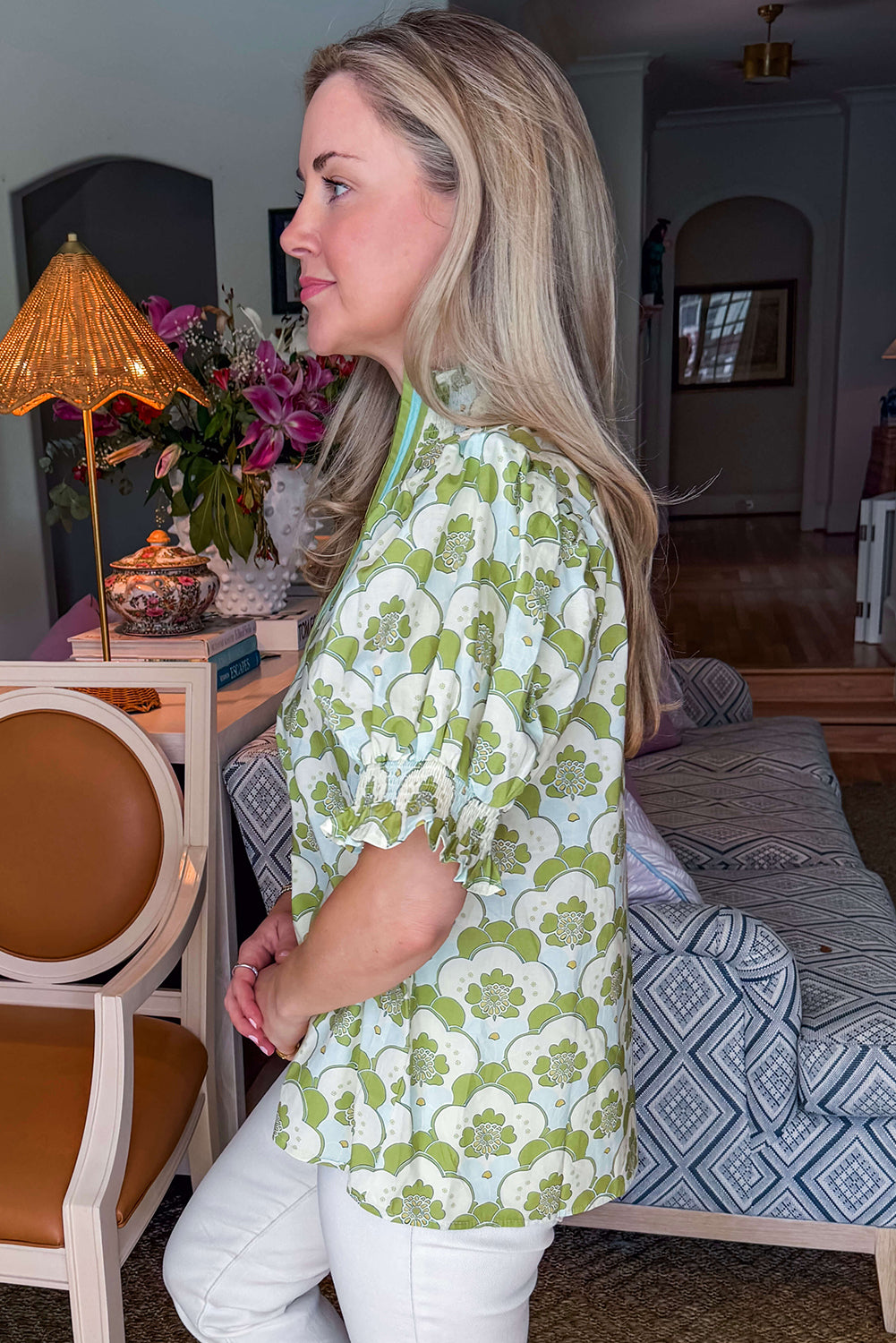 Green Floral Clouds Ruffled Short Sleeve Summer Blouse Dear-Lover Dropshipping