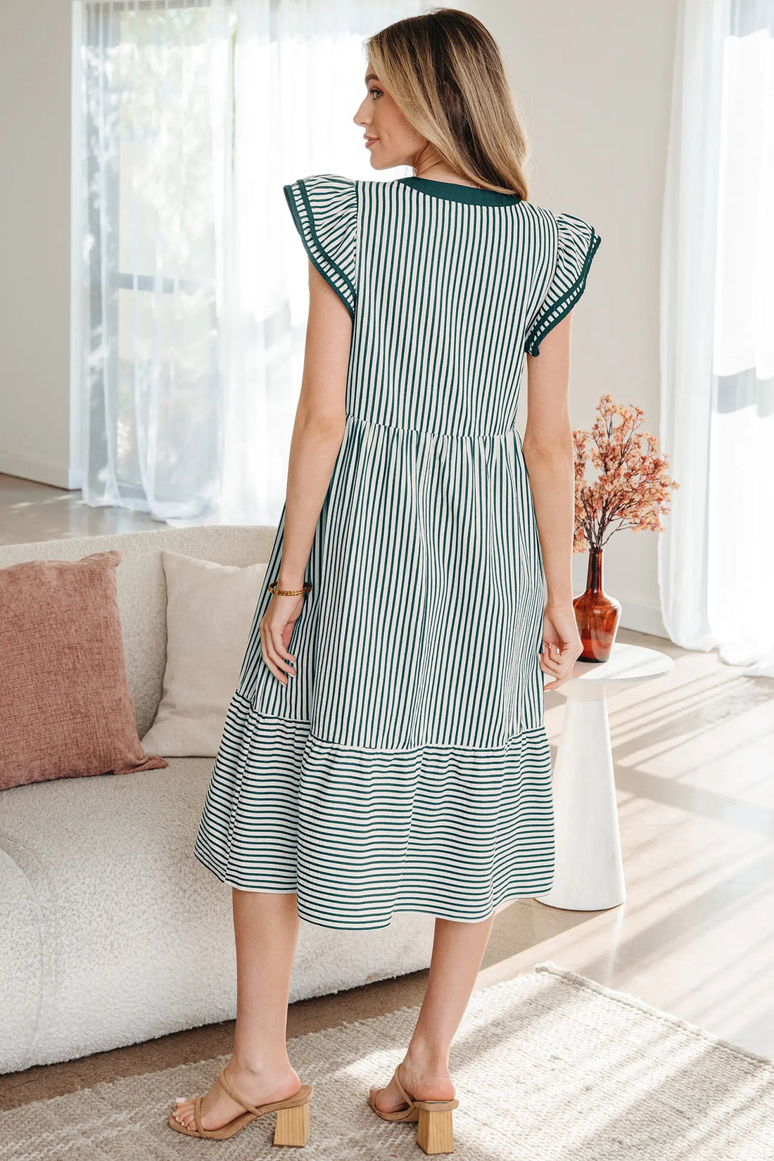 Stripe Double Ruffle Short Sleeve Contrast Trim V-Neck Midi Dress DL