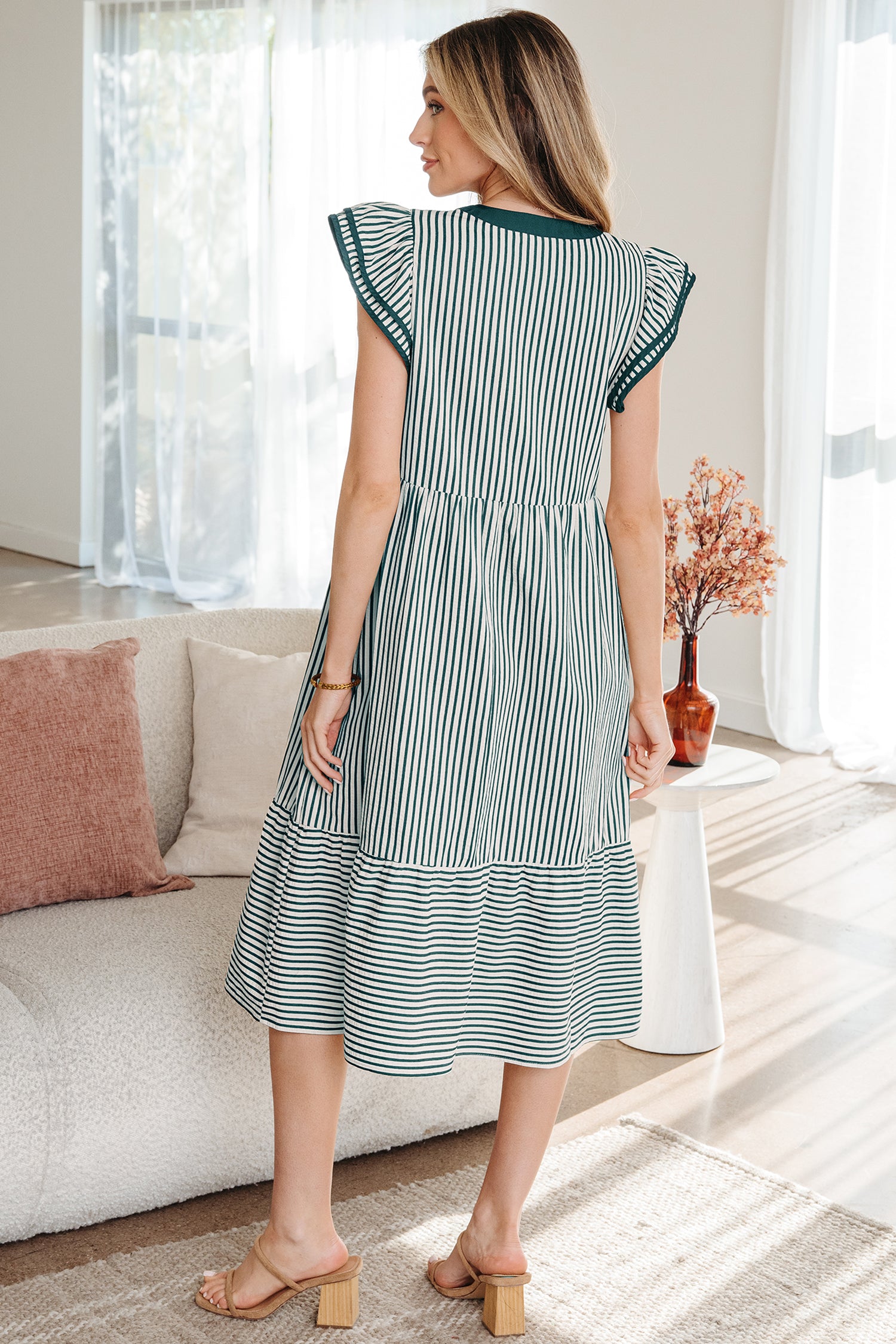Stripe Double Ruffle Short Sleeve Contrast Trim V-Neck Midi Dress DL