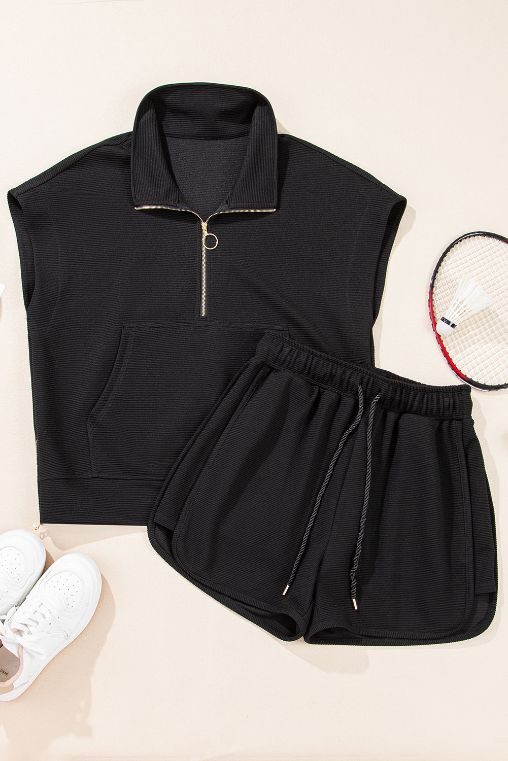 Black Textured Quarter Zip Kangaroo Pocket Top Drawstring Shorts Set eAura
