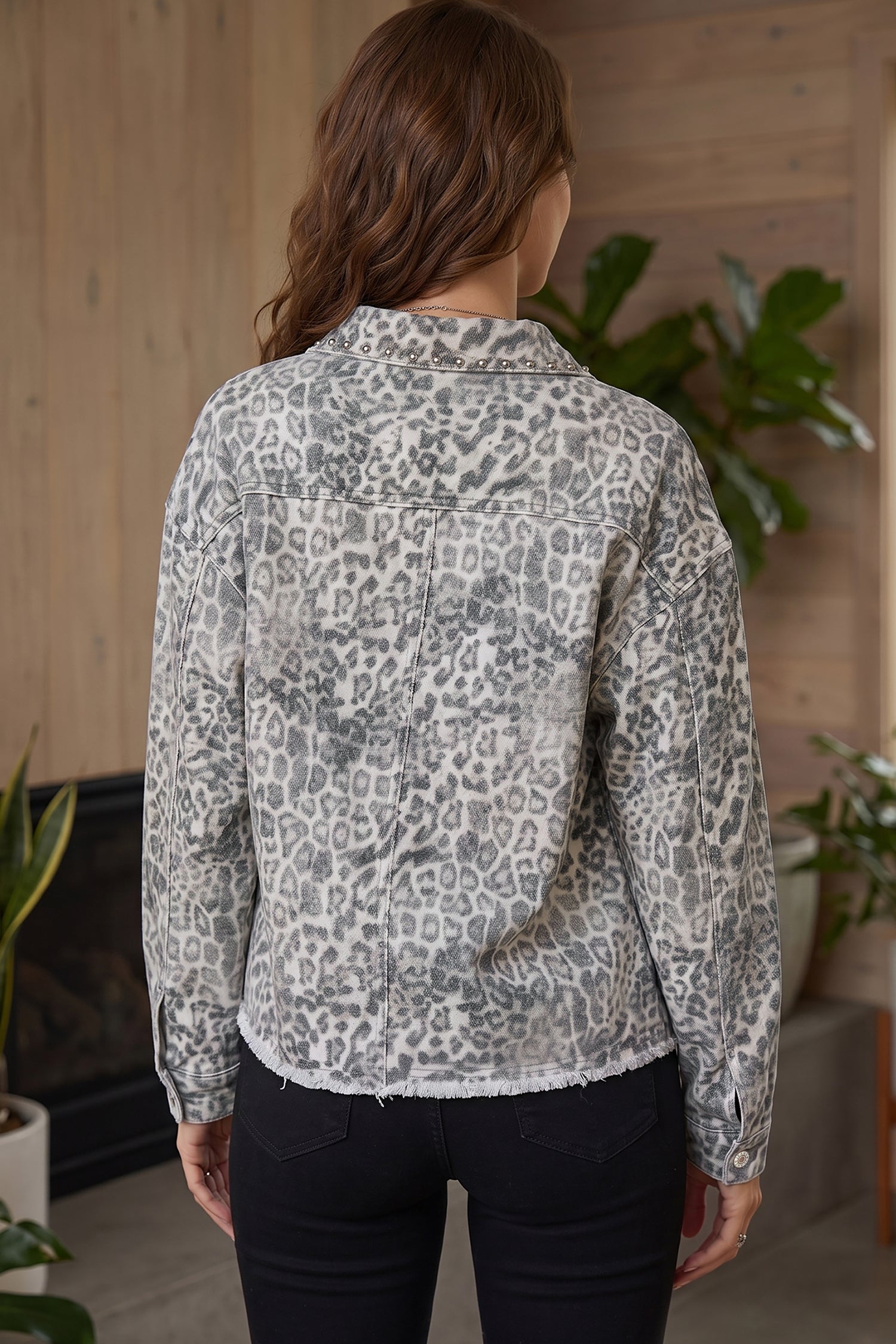 Leopard Print Studded Collar Studded Patch Pocket Denim Jacket – Khaki