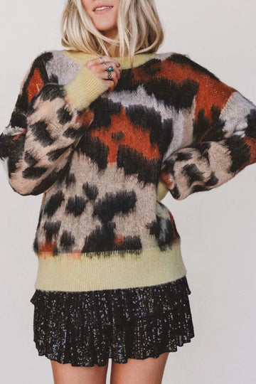 Leopard Print Drop Shoulder Long Sleeve Round Neck Sweater – Khaki
