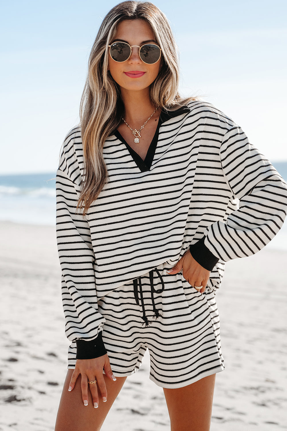 Black Stripe Collared Long Sleeve Top and Drawstring Shorts Set eAura