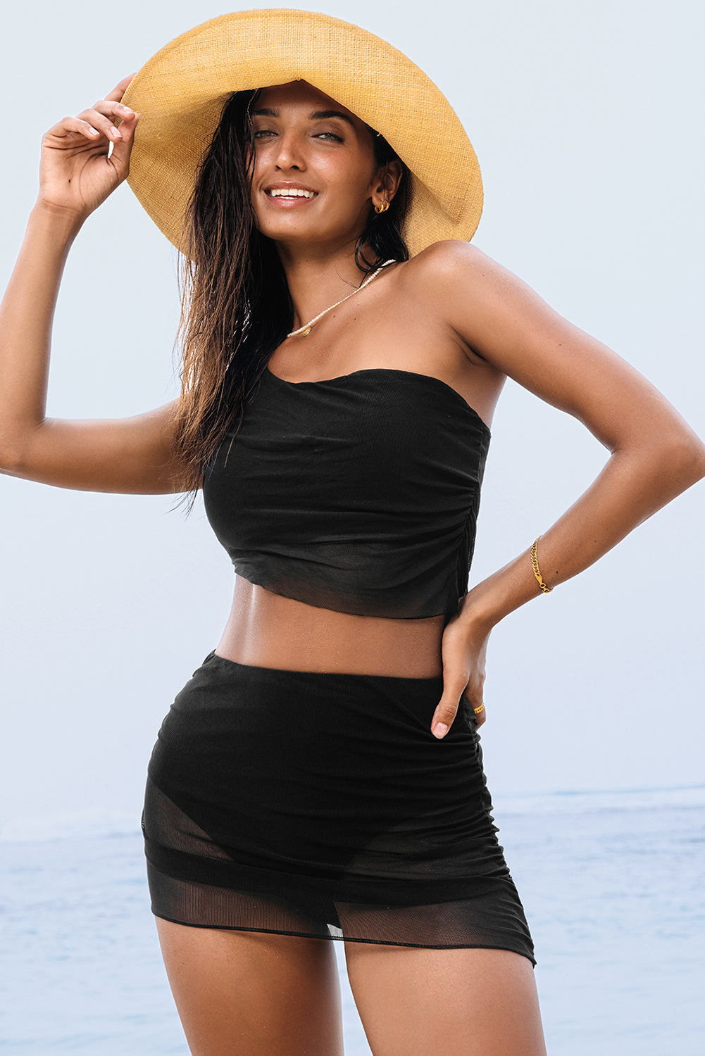 Black Pleated Mesh One Shoulder Bikini Top and Skirts Set eAura
