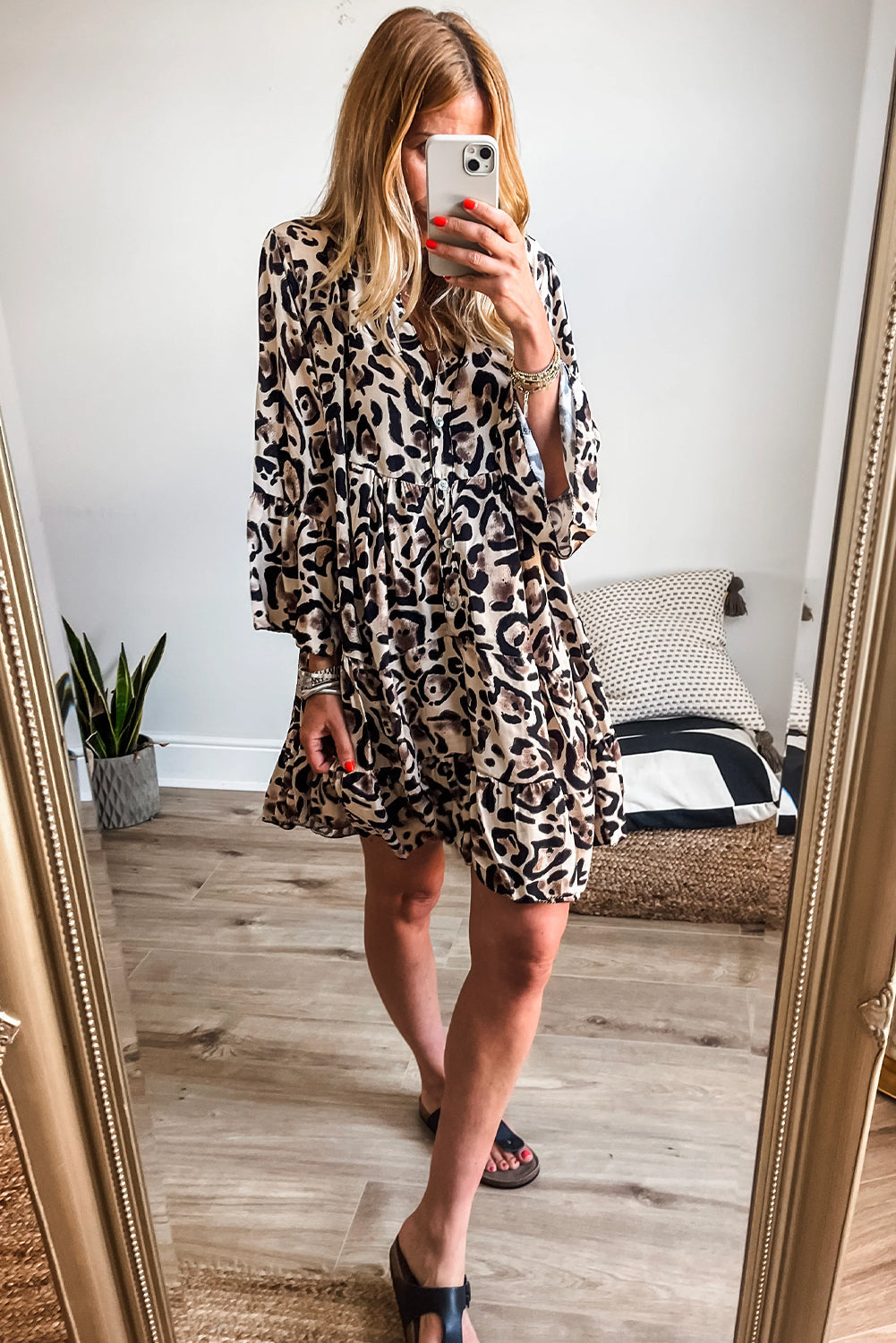 Black Leopard Print Buttoned Front 3/4 Sleeve Tiered Ruffled Hem Dress eAura