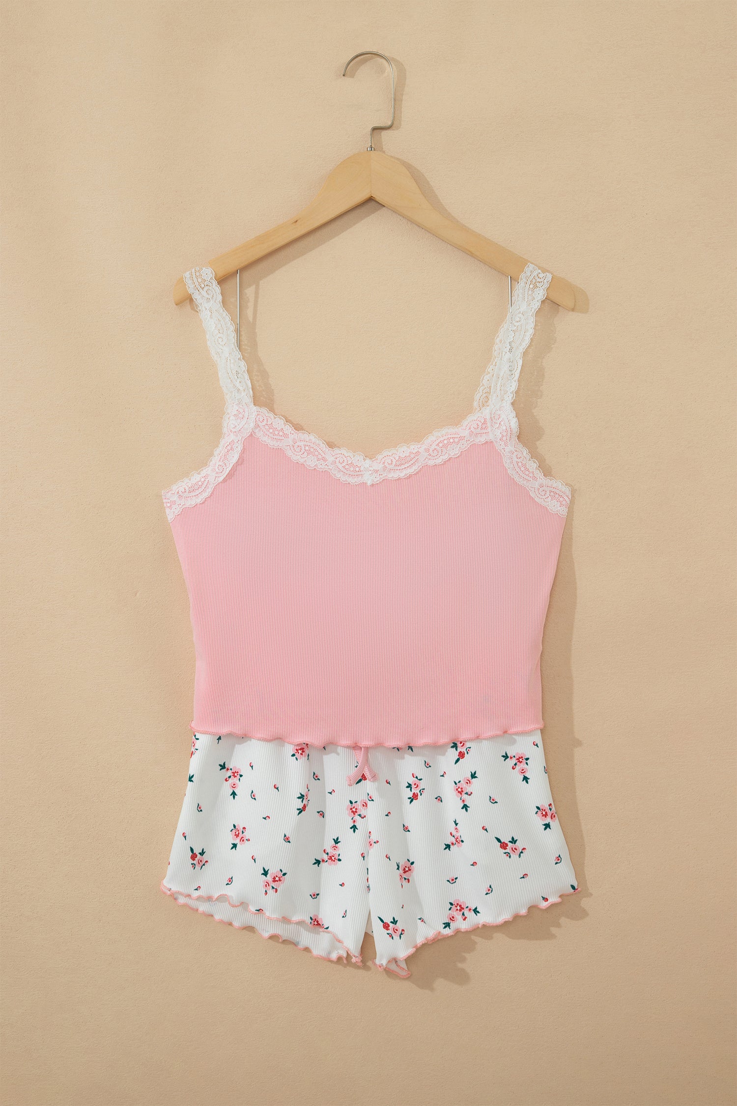 Ribbed Knit Lace Straps Patchwork Lettuce Hem Cropped Top Floral Short Lounge Set – Pink