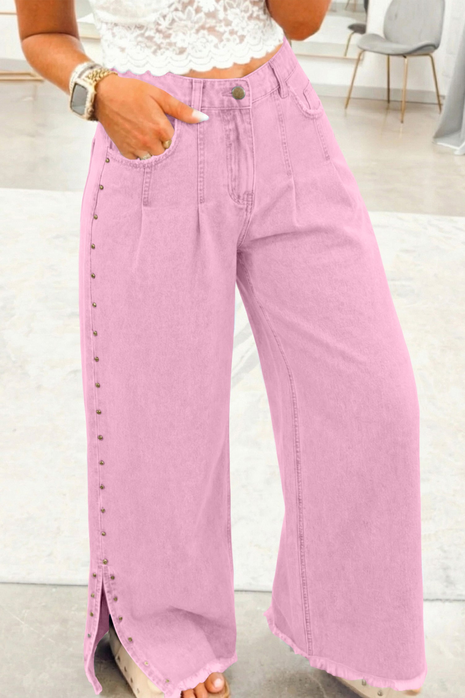 High Waist Rivet Side Detail Wide Leg Split Jeans – Pink