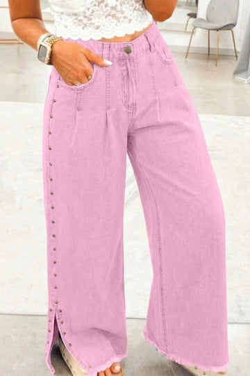 High Waist Rivet Side Detail Wide Leg Split Jeans – Pink