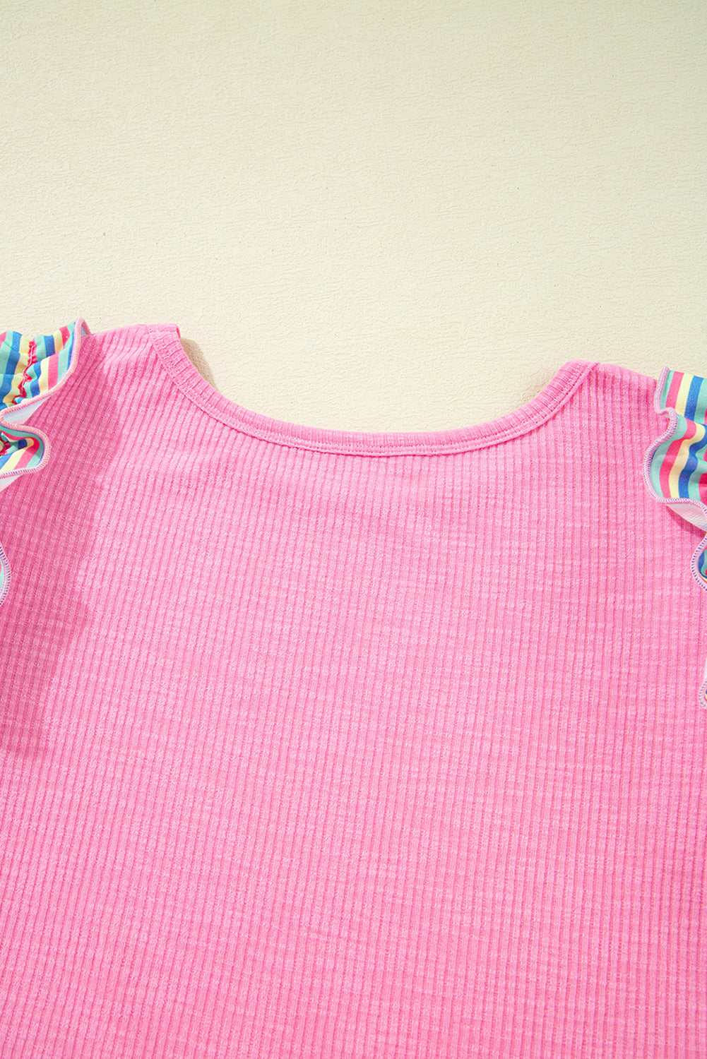Bonbon Striped Ruffle Flutter Sleeve Ribbed Blouse eAura