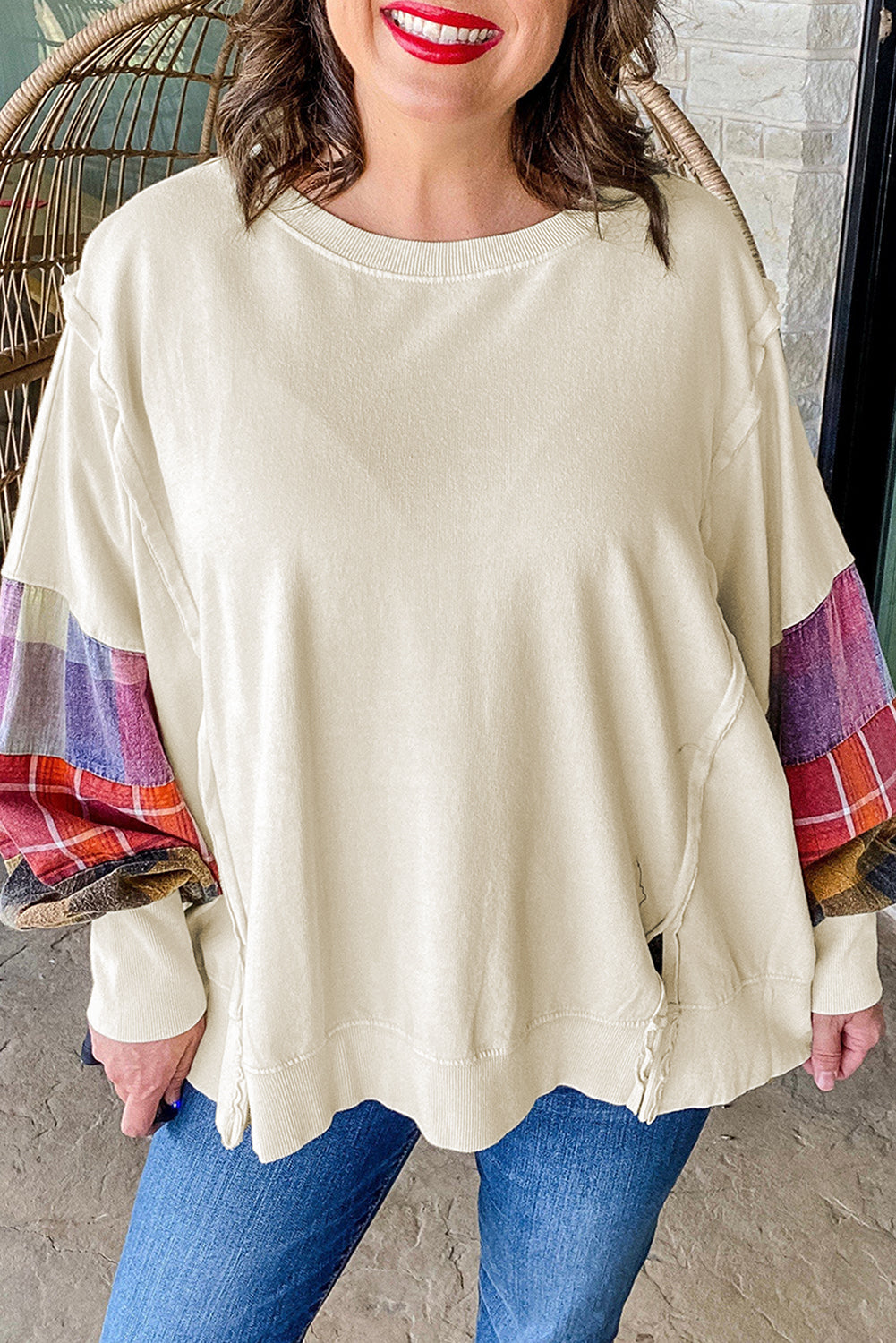 Beige Plus Size Patchwork Sleeve Pullover Top Dear-Lover Dropshipping