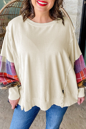 Beige Plus Size Patchwork Sleeve Pullover Top Dear-Lover Dropshipping
