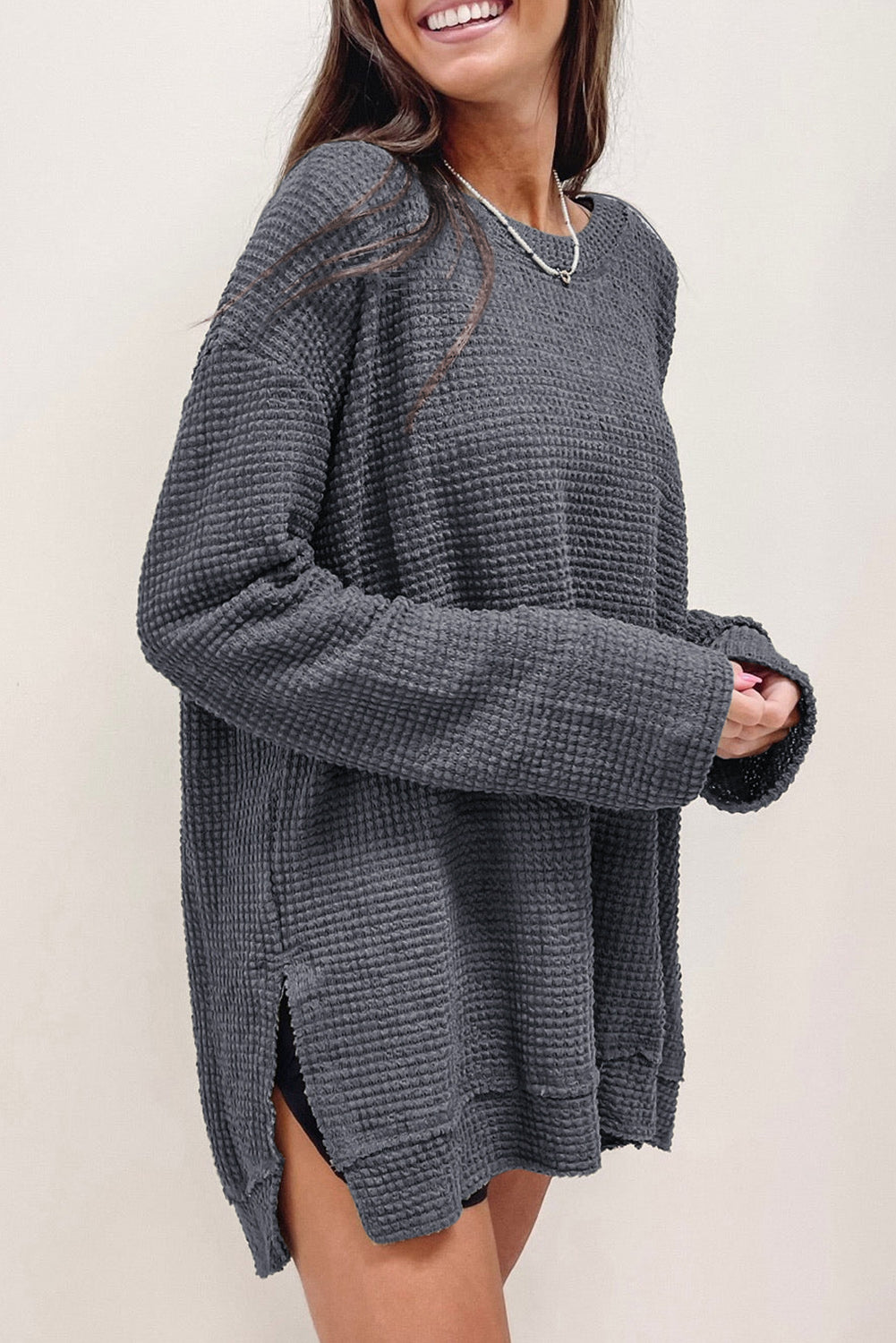 Khaki Waffle Knit High Slits Oversized Top - eAura