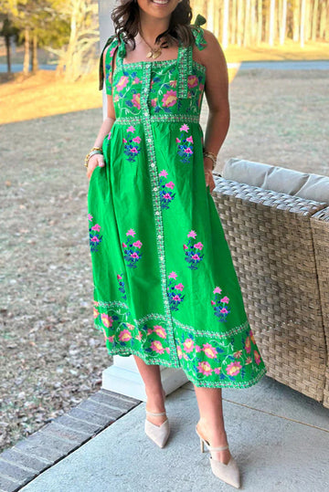 Green Floral Print Contrast Trim Knotted Straps Midi Dress eAura