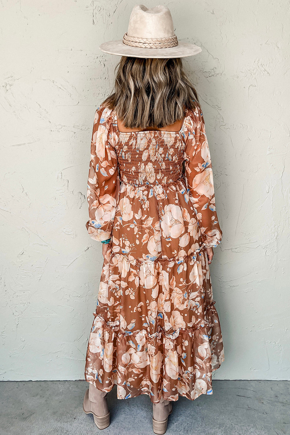 Brown Floral Print Shirred Square Neck High Waist Maxi Dress BB Fashion Outlet