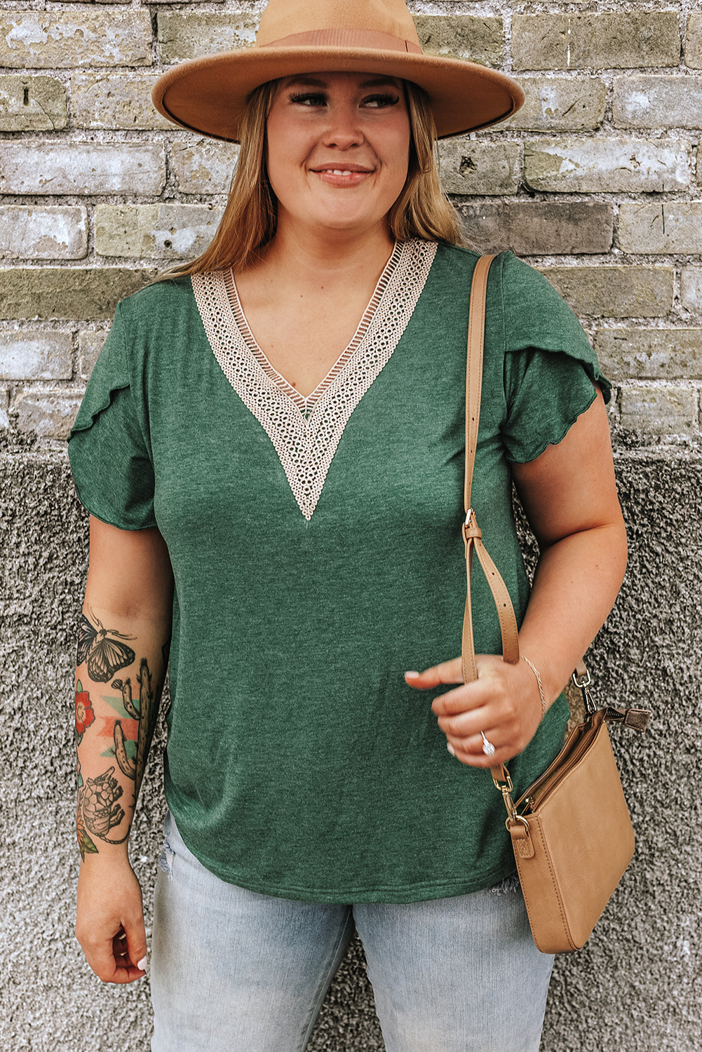 Blackish Green Plus Size Embroidery V Neck Draped Sleeve Blouse BB Fashion Outlet