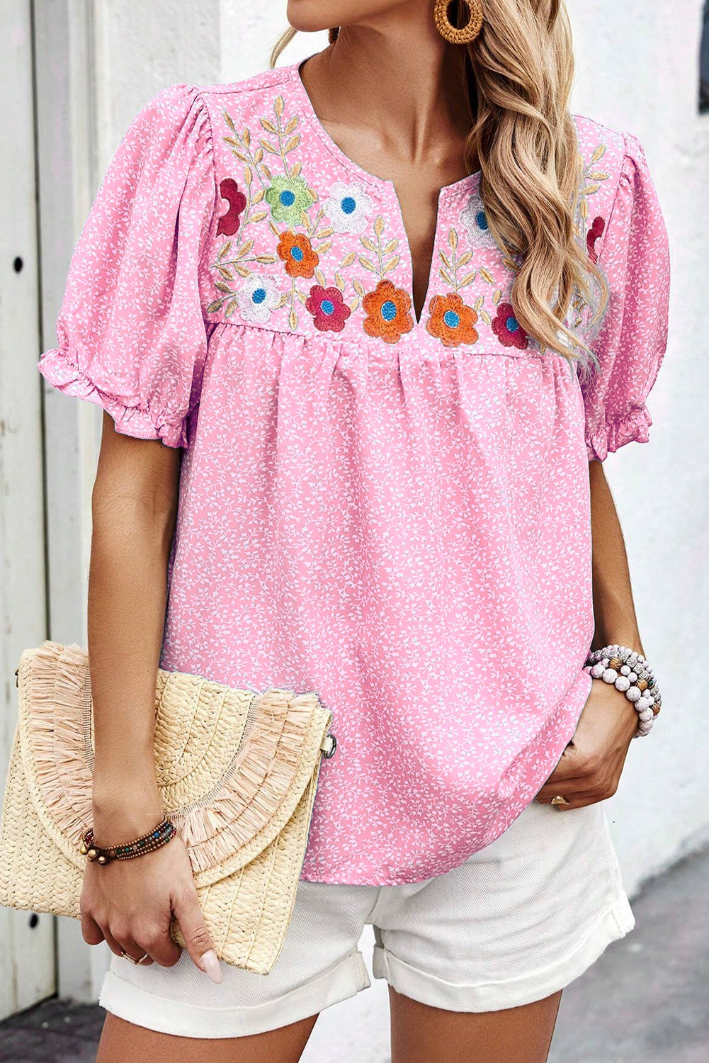 Pink Floral Embroidered Puff Sleeve Notched V-Neck Blouse eAura