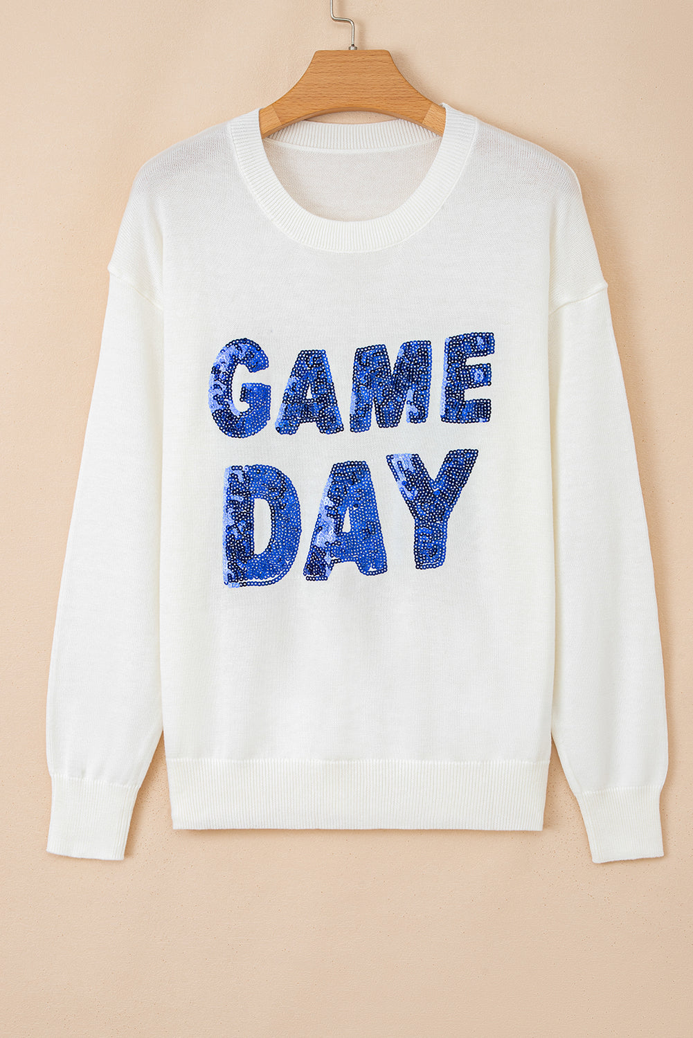 White Sequined GAME DAY Graphic Round Neck Sweater eAura