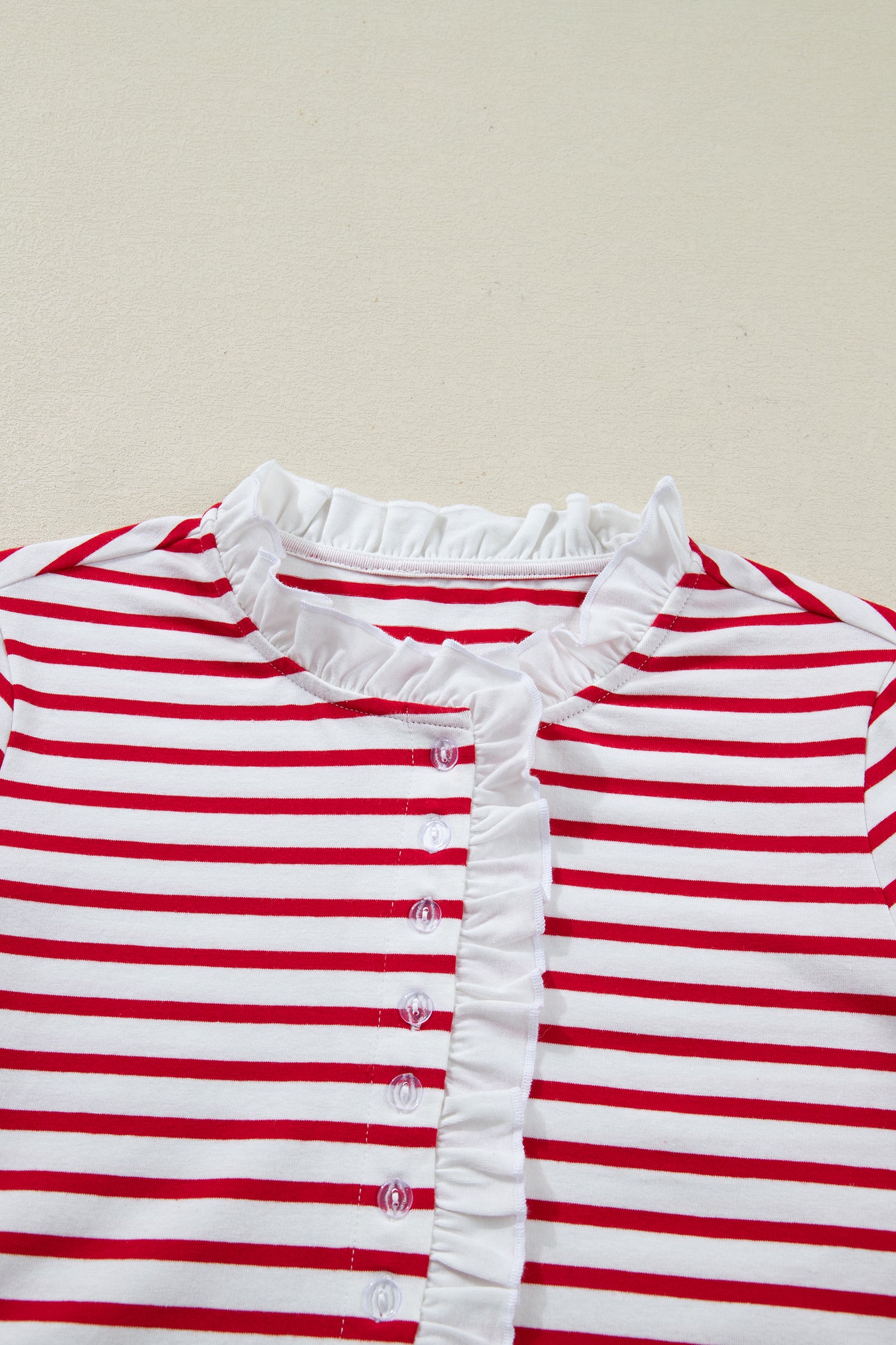 Stripe Contrast Frilled Trim Half Button Long Sleeve Top