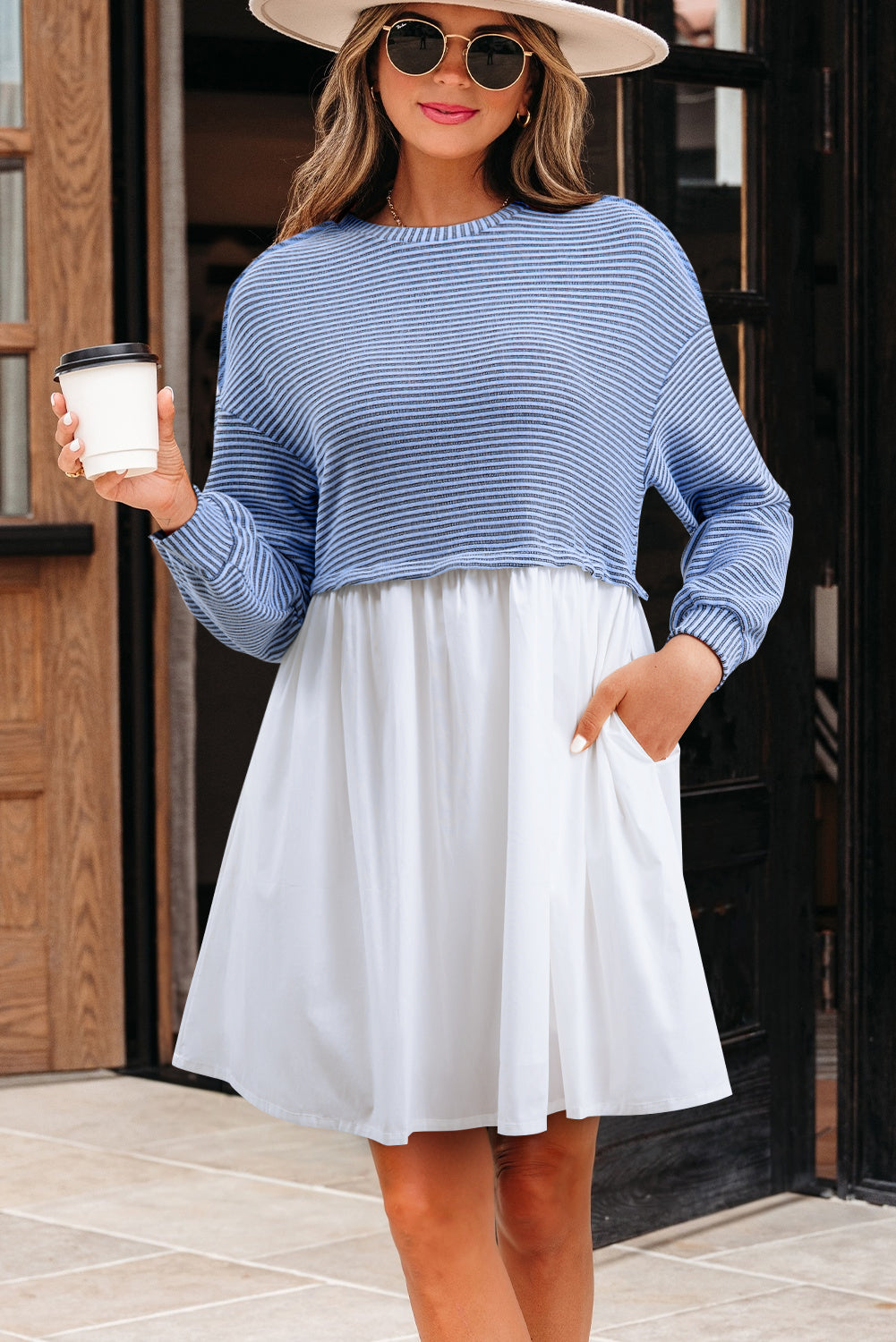 Sky Blue Stripe Patchwork Pleated High Waist Loose Mini Dress eAura