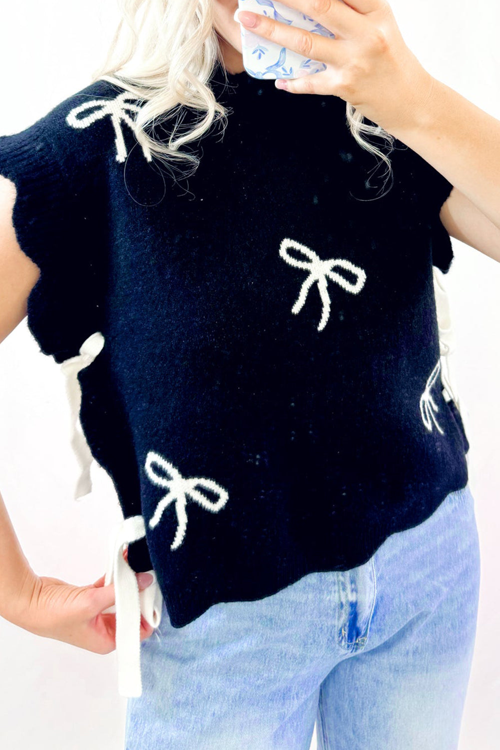 Black Bow Print Side Ties Scalloped Hem Sweater eAura
